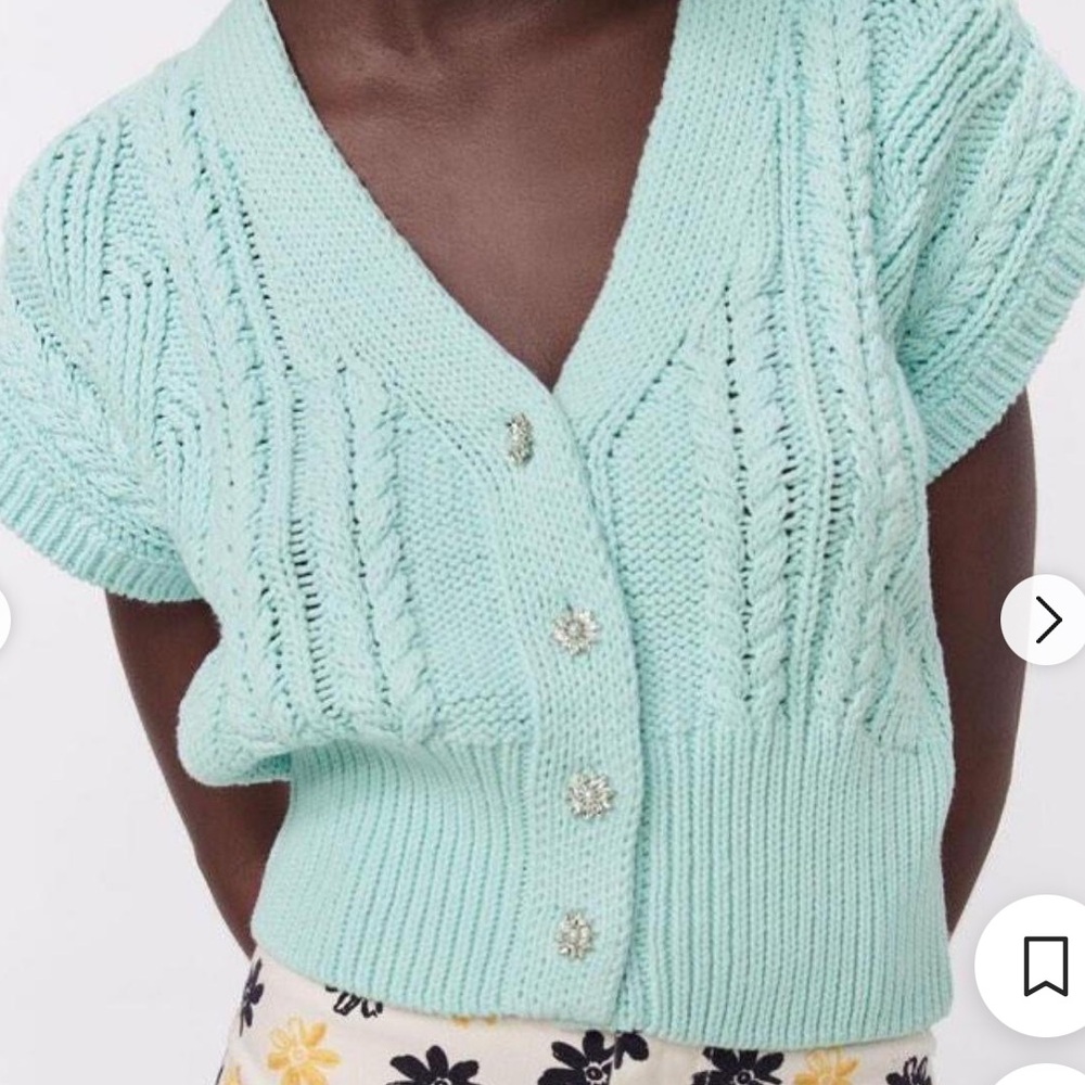 Zara Blue Knit Vest with Floral Gem Buttons in size small.
